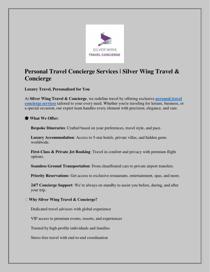 PPT - Personal Travel Concierge Services  Silver Wing Travel & Concierge