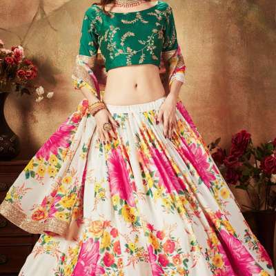 Energetic Off-White Digital Printed Organza Designer Lehenga Choli With Green Blouse Profile Picture
