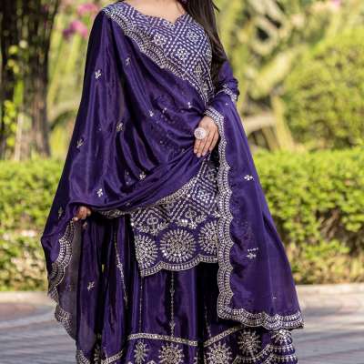 Beautiful Purple Sequins Chinon Reception Wear Palazzo Suit With Dupatta Profile Picture