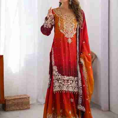 Mesmerizing Orange Chinon Thread Sequins Wedding Wear Sharara Suit Profile Picture