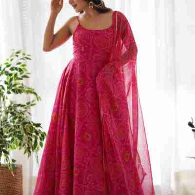 Precious Pink Bandhani Printed Chiffon Event Wear Gown With Dupatta Profile Picture
