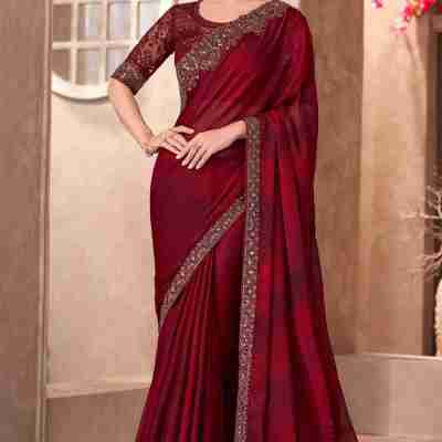 Pretty Maroon Border Work Chiffon Wedding Saree With Blouse Profile Picture