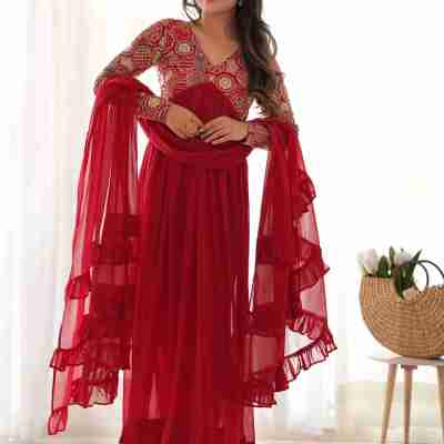 Stunning Red Embroidered Georgette Anarkali Suit With Ruffles Dupatta Profile Picture