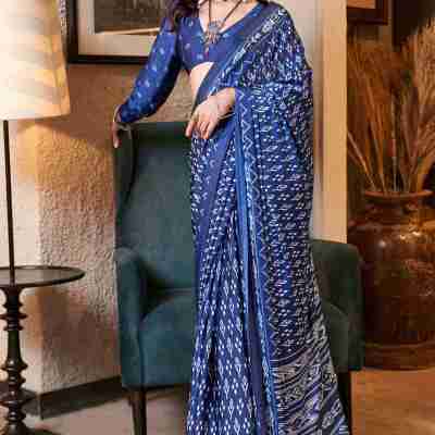 Fabulous Royal Blue Digital Print Satin Event Wear Saree With Blouse Profile Picture