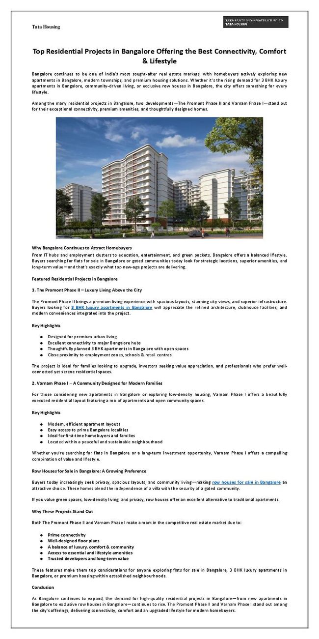 Top Residential Projects in Bangalore Offering the Best Connectivity, Comfort & Lifestyle | PDF Host