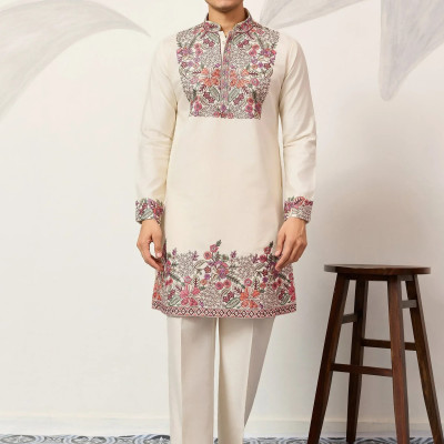 Attractive Off-White Embroidered Silk Wedding Wear Men’s Kurta Set Profile Picture